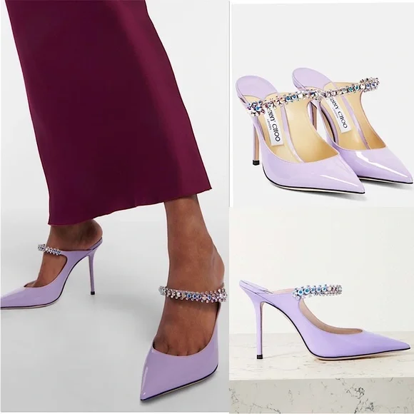 New JIMMY CHOO Bing 100 Lilac crystal-embellished patent-leather mules $1,095 - Picture 2 of 14